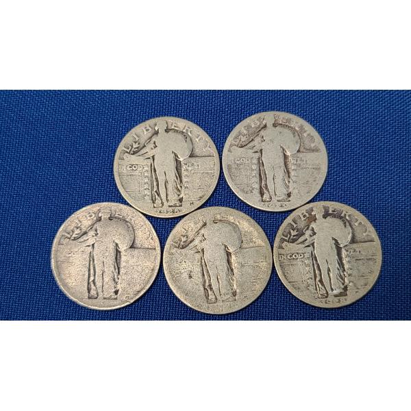1925, 1928 & (2) Unknown Years Standing Liberty 90% Silver Quarters - Face Value: $1.25