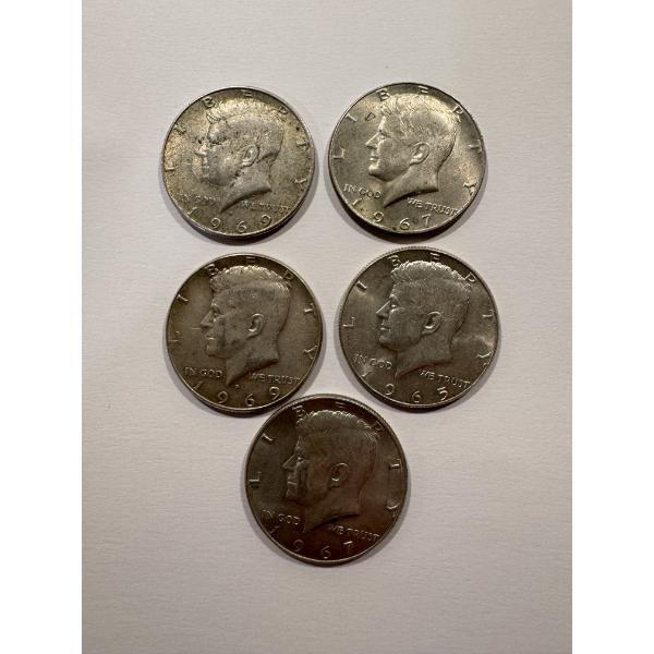 5 - United States Kennedy 40% Silver Half Dollars - Face Value $2.50