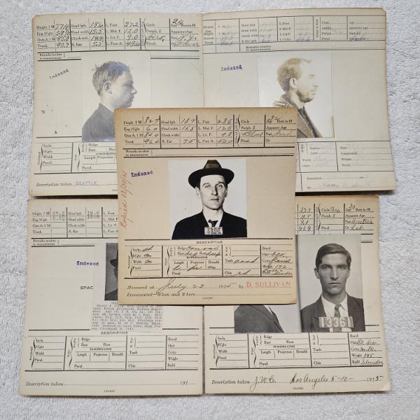 INTERESTING!!! Collection of 5 Antique MUGSHOT Bertillon Criminal Booking Sheets