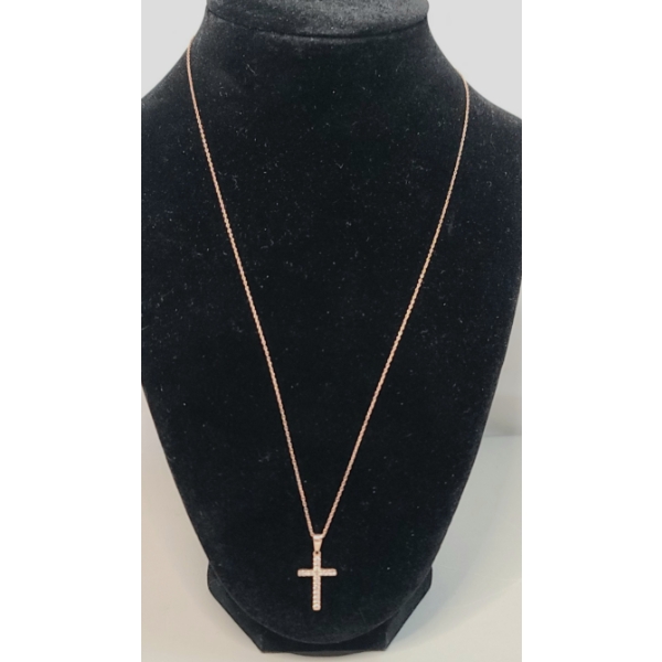 10K Rose Gold 20" Cross Necklace With Diamonds - Weight: 2.2g