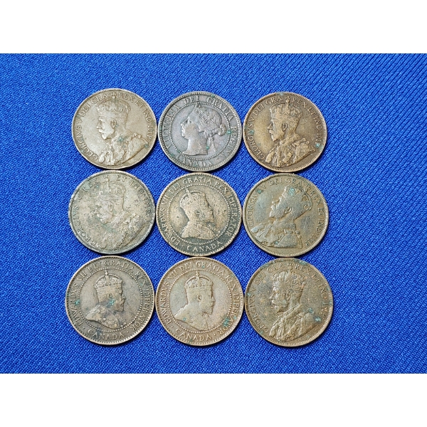 Lot of 9 Assorted Years Canadian Large Cents 