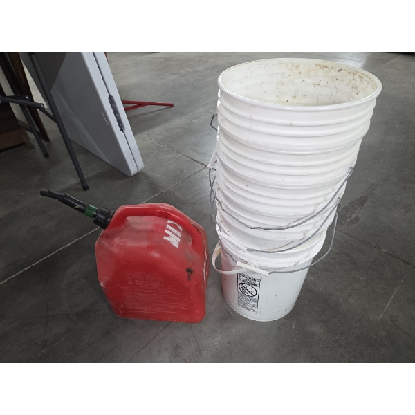 Five Gallon Gas Can & Five 5 Gallon Work Buckets