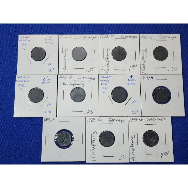 x11 Assorted Years & Mintmark Wartime Germany 1-Reichspfenning Coins Including VF+ & VF