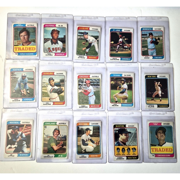MINT 1974 TOPPS BASEBALL CARDS - 15 ASSORTED SLEEVED CARDS IN NEVER TOUCHED FRESH CONDITION 