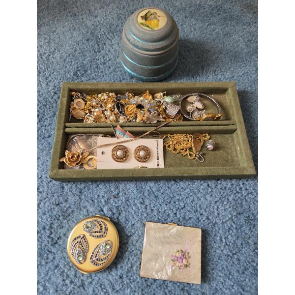 PICKUP IN CANTON -  Vintage Music Box, Two Gorgeous Compacts, And Costume Jewelry Collection 