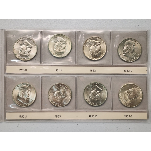 x8 Assorted Years 90% Silver Franklin Half Dollars In Nice Plastic Sleeves FV: $4.00