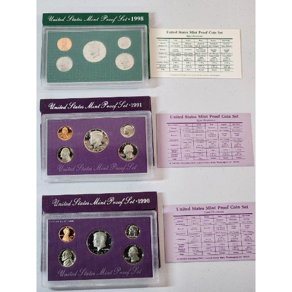 1998, 1991, and 1990 United States Mint Proof Sets with Boxes and COA