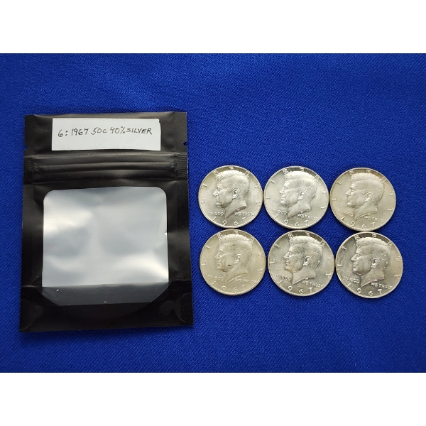 (6) 1967 40% Silver Kennedy Half Dollars FV: $3.00