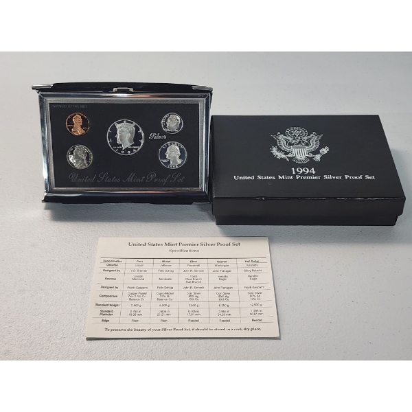 1994 United States Mint Premier Silver Proof Set Including 90% Silver Half Dollar, Quarter, Dime