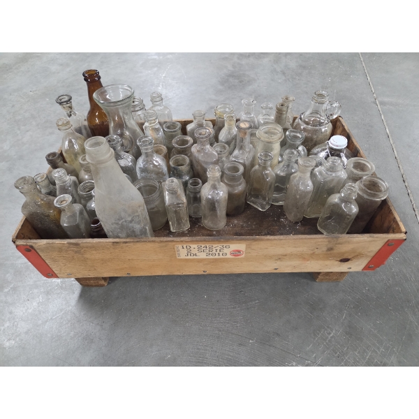 Neat Vintage Mini Glass Bottle Collection & 12'' x 21'' Raised Wooden Box 