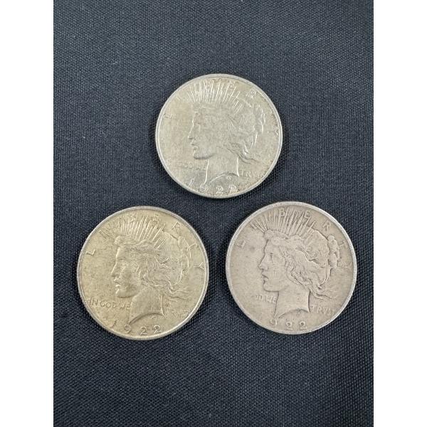 3 - 1922 United States Peace Silver Dollars - Excellent Condition