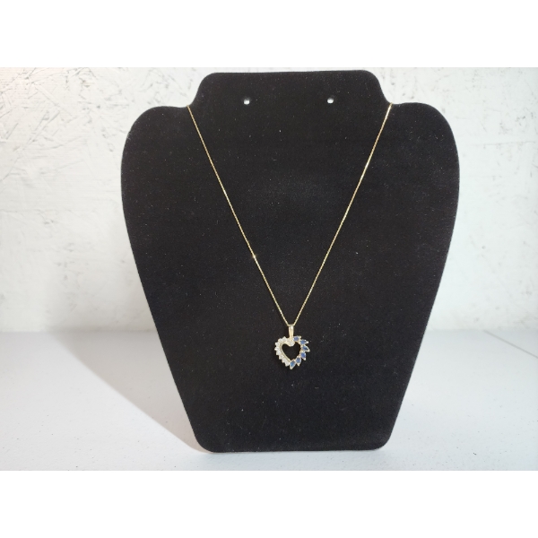 Gorgeous 14K Gold Heart Necklace with Blue and Clear Stones - TW: 4.1g - 19in