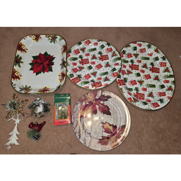 Box of Assorted Ornaments incl Duplicates with 4 Christmas Serving Trays