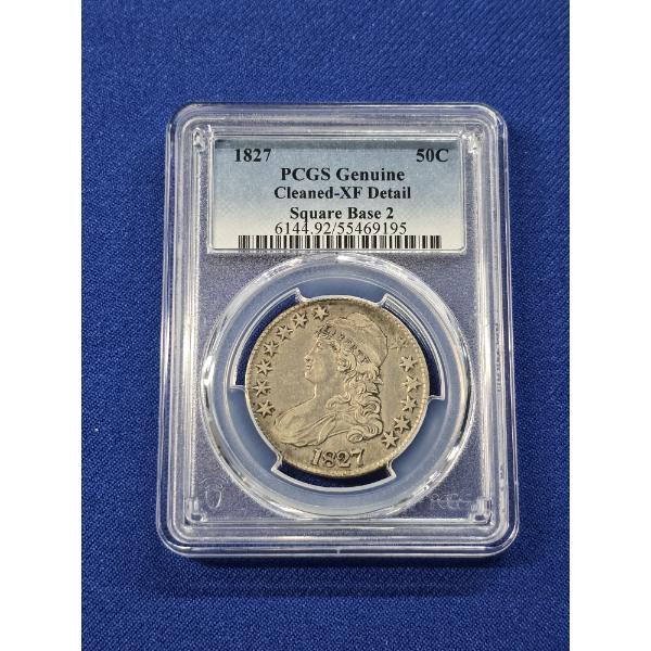 *RARE* 1827 Capped Bust Silver Half Dollar PCGS GENUINE, Square Base 2 Cleaned - XF Detail