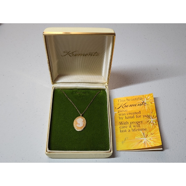 Vintage Krementz 14K Gold Overlay Shell Cameo Necklace w/ Box and Info Card - 18in Chain 