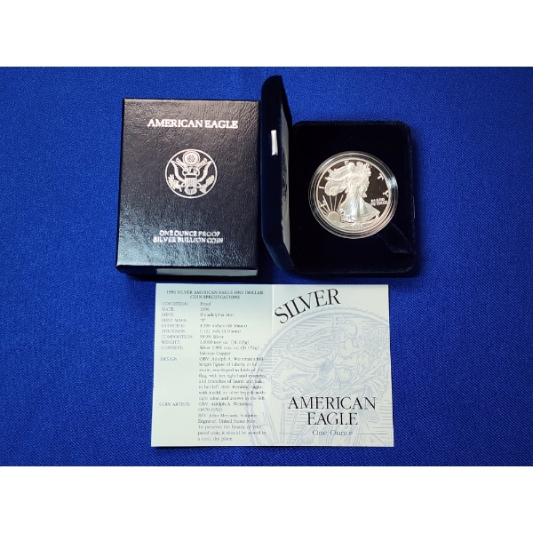1996 Silver American Eagle $1 Proof - 1 Troy Ounce 99.9% Silver w/ Original Box & COA
