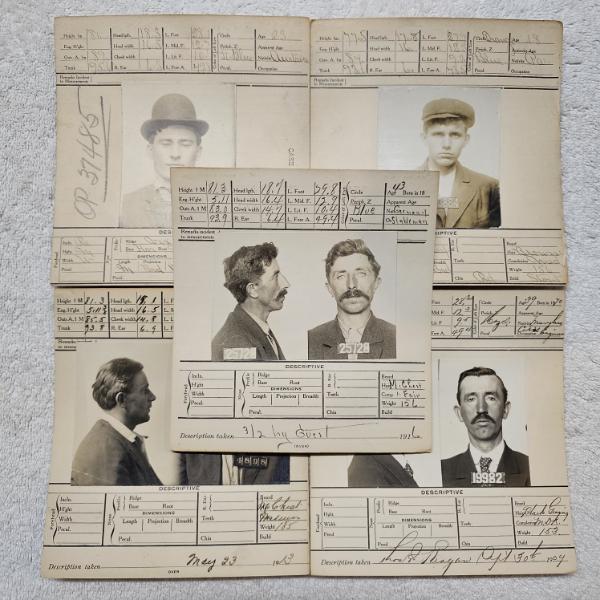 INTERESTING!!! Collection of 5 Antique MUGSHOT Bertillon Criminal Booking Sheets