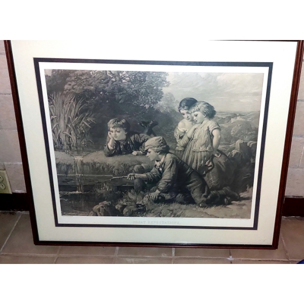 22 x 18 Victorian Print Of children Playing - Framed Under Glass - Nice