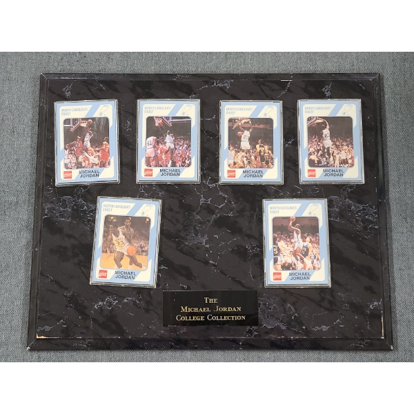 Six 1989 Collegiate Collection Michael Jordan Basketball Trading Cards on Nice Display 