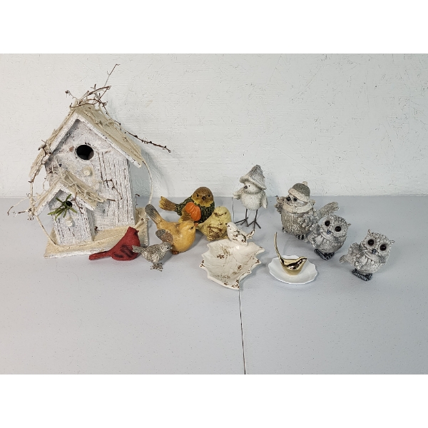 Lot of Assorted Bird-Lovers Collectible Items - Birdhouse, Figurines, Ring Holder, Trinket Tray