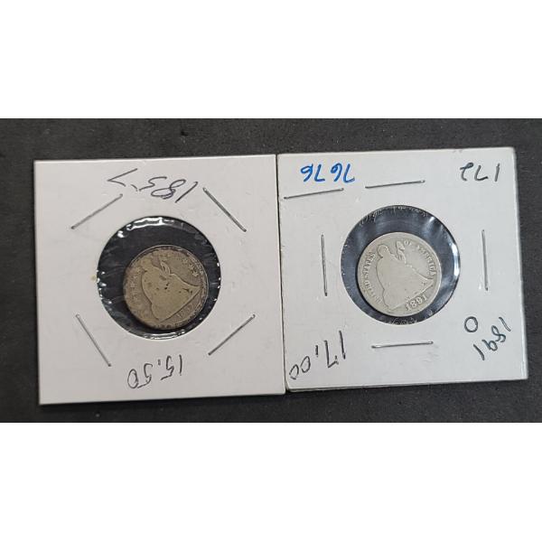 1857 & 1891-O United States Seated Liberty 90% Silver Dimes - Face Value: $0.20