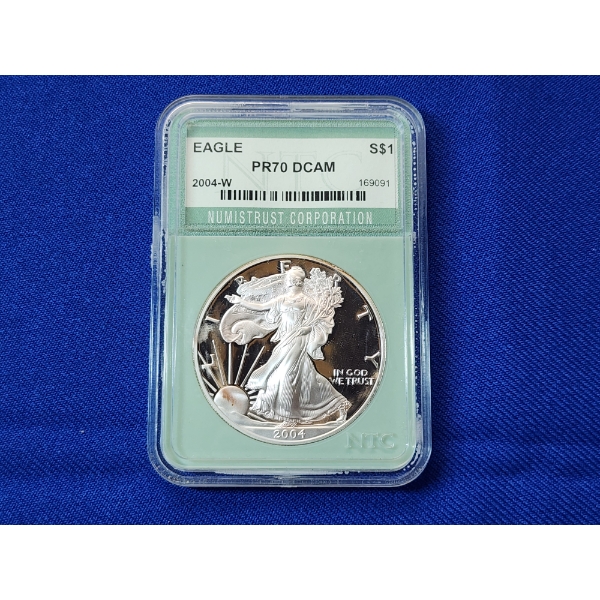 2004-W Proof American Silver Eagle 1 oz Fine Silver Graded PR 70 DCAM by NTC - Sought After Coin! 