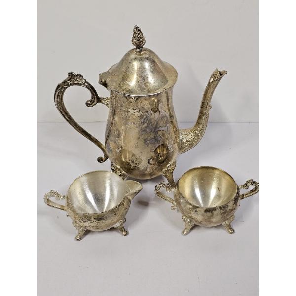 Three-Piece Silverplated Tea Set - Teapot 9x9", Cream/Sugar Bowls 3.5x2.5"