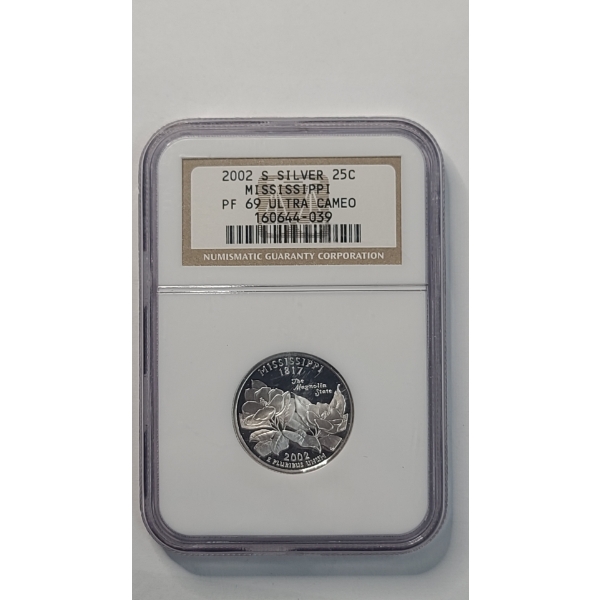 NGC 2002-S PF 69 ULTRA CAMEO 90% Silver Mississippi State Quarter