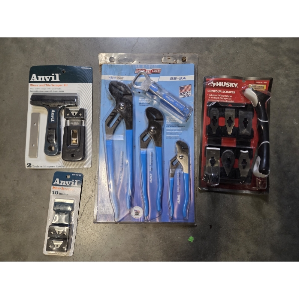 New 4 Piece Channel Lock Set, And Husky & Anvil Scrapers