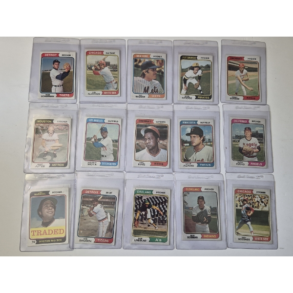 MINT 1974 TOPPS BASEBALL CARDS - 15 ASSORTED SLEEVED CARDS IN NEVER TOUCHED FRESH CONDITION 