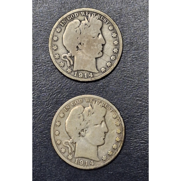 2 Pcs - Barber (Liberty Head) 90% Silver Half Dollars - 1914 P / S - See Pics