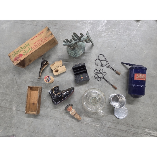 Vintage Collectables Group Including- Bell, Carved Cork, Tin Cup & Lid, Sterno Vaporizer And More