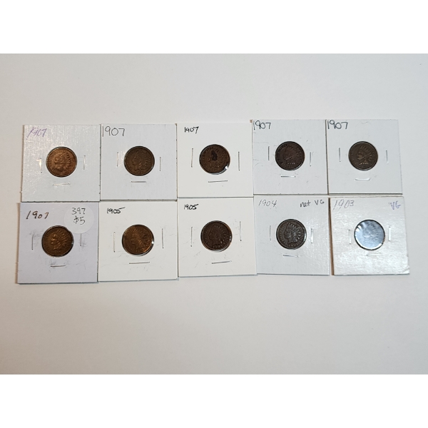 x10 Assorted U.S. Indian Head Cents Years: 1907, 1905, 1904, 1903 