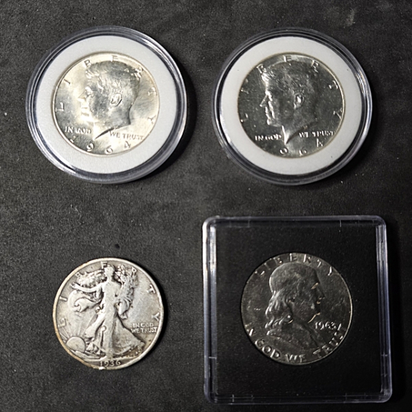 (4) Silver Half Dollars - (2) 1964 Kennedy, (1) 1936 Walking Liberty & (1) Franklin - 90% Silver