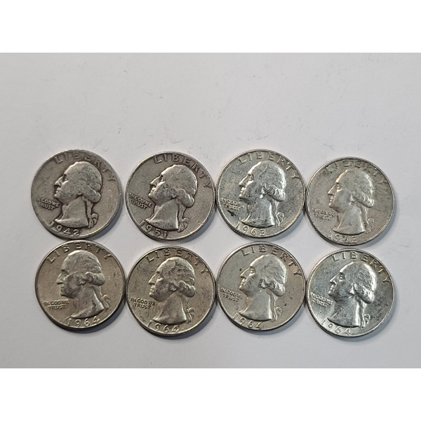 Assorted Years/Mint Marks 90% Silver Washington Quarters - Face Value: $2.00	