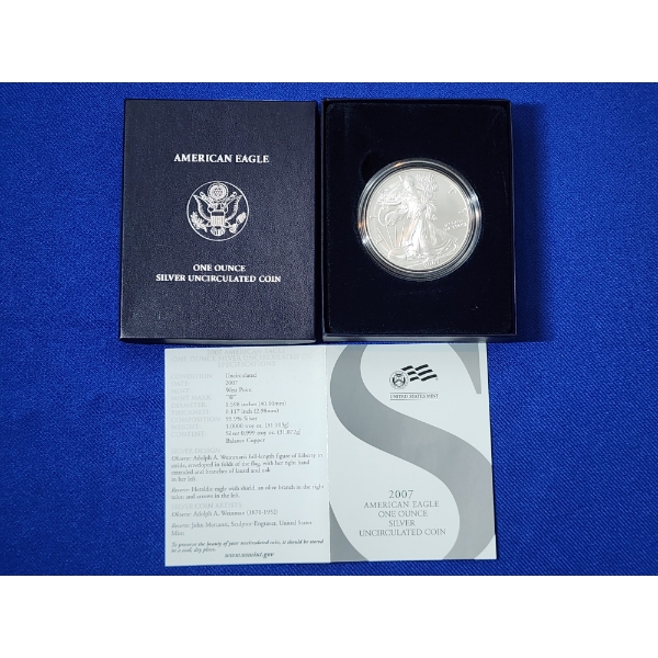 2007-W Uncirculated Silver American Eagle $1 - 1 Troy oz .999 Fine Silver w/ Box & CoA