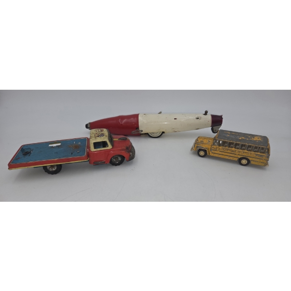 Vintage Tin Toys Including Torpedo, Truck And Bus