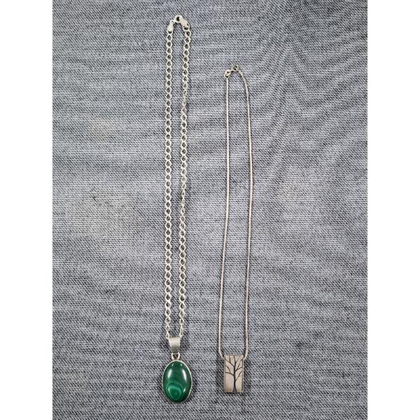Two Sterling Silver Necklaces Ft. Nice Green Stone & Tree Pendant - Weighing 25.9 Grams