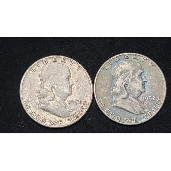 1951 & 1952 90% Silver Franklin Half Dollars - Face Value: $1.00