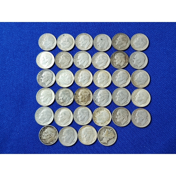 Lot of (34) Silver Dimes - Mainly Roosevelt & (1) Mercury Dime FV: $3.40