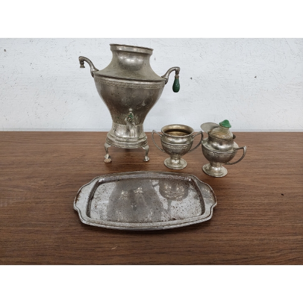 Vintage Tea Set: Dispenser, Cream and Sugar Holders, Tray