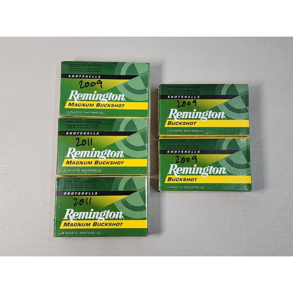 5 Full Boxes of 12 Gauge Buckshot 00BK Ammunition (x3 3in & x2 2 3/4in)