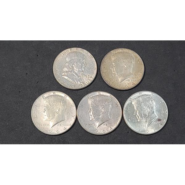 (1) 1963 90% Silver Franklin Half Dollar & (4) 1964 90% Kennedy Half Dollars - Face Value: $2.50