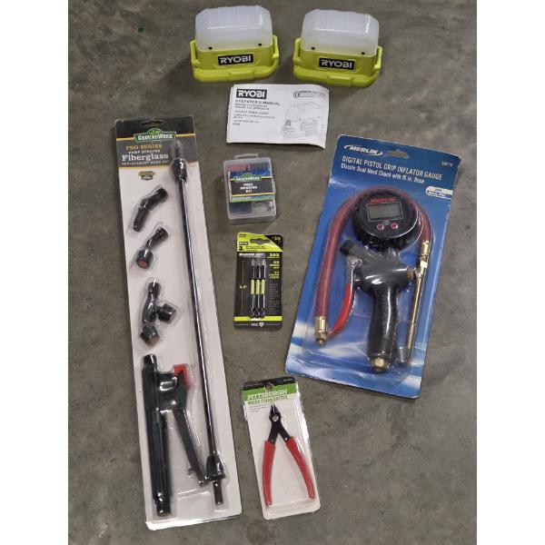 All Brand New- Two Ryobi 18v Area Lights, Digital Inflator Gauge, Pump Sprayer Wand, Ryobi Bits & Mo
