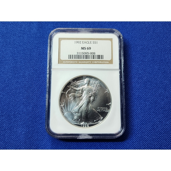 1992 $1 Silver American Eagle 1 oz Fine Silver Graded MS 69 by NGC