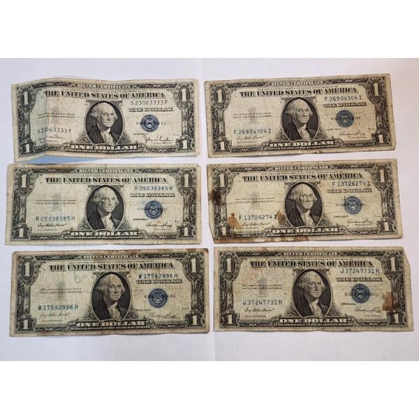Six Assorted United States $1 Blue Seal Silver Certificates FV: $6.00