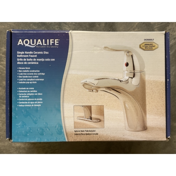 Brand New Aqualife Single Handle Chrome Finish Bathroom Faucet - 5 Year Warranty - New In Box