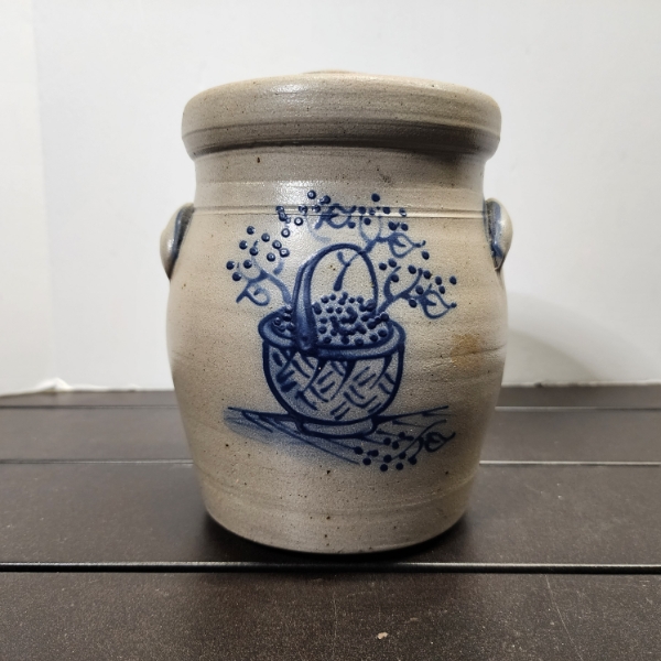 Rowe Pottery Works 1993 Handmade Crock or Jar Ft. Painted Basket Image~ Standing About 7 Inches Tall