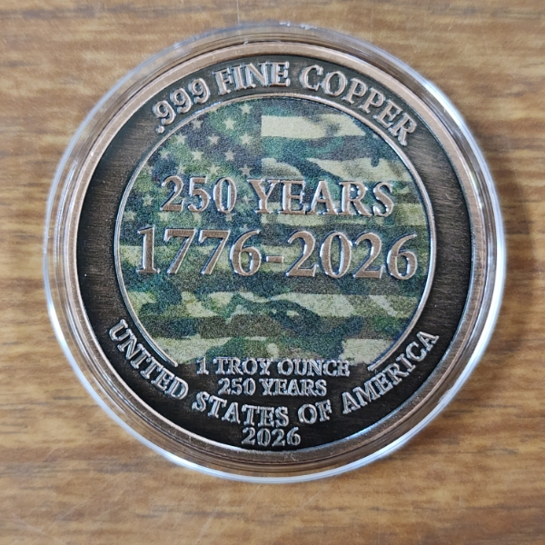 One Troy Ounce .999 Fine Copper Round Commemorating 250 Years of America 1776-2026 Ft. M4A1 Carbine 