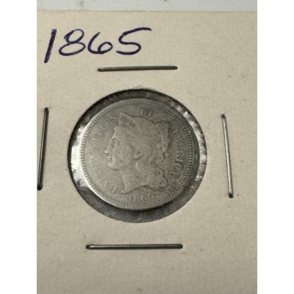 1865 United States 3 Cent Nickel - Civil War - First Year Of Production - Exceptional Coin